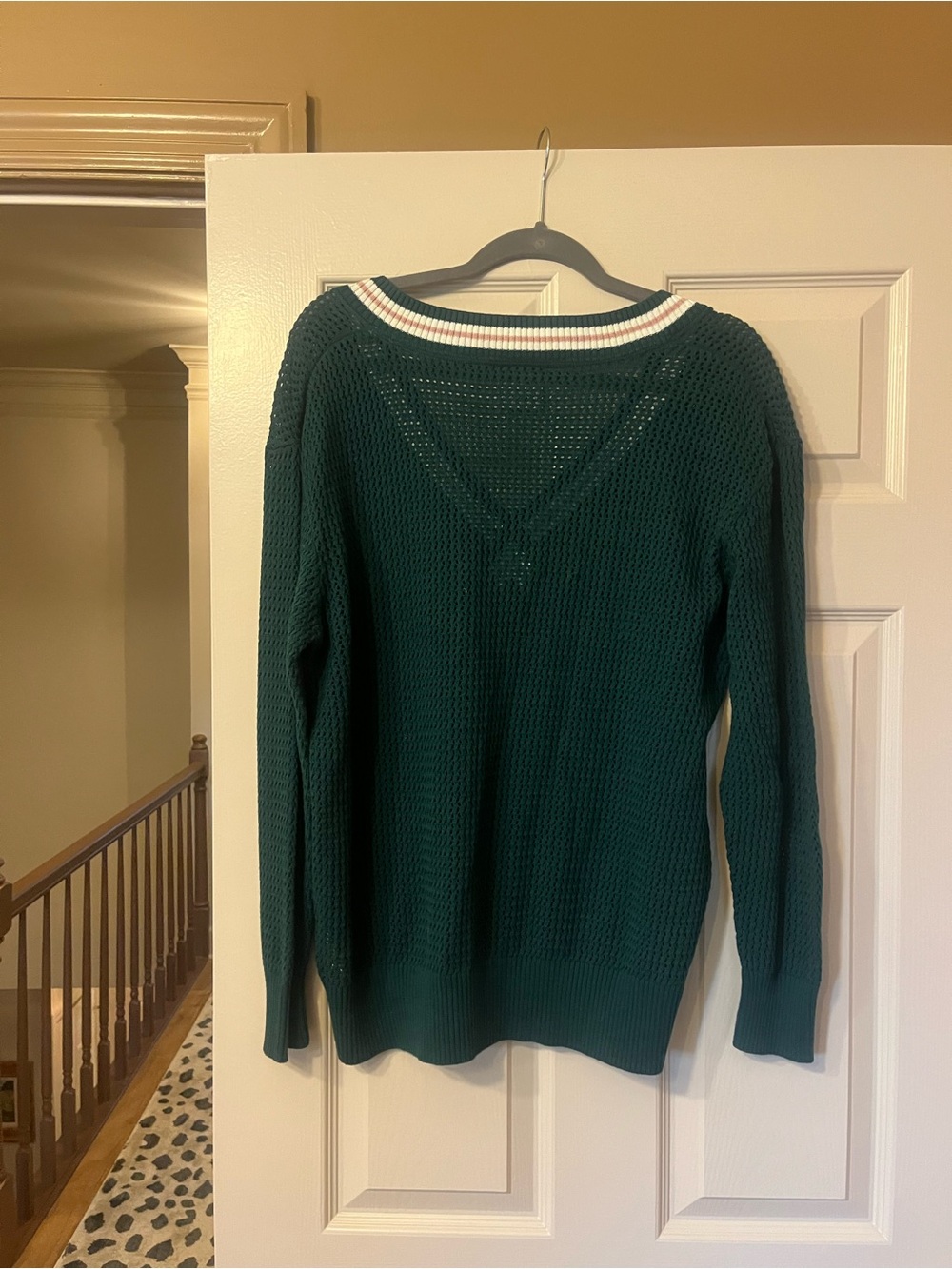 Varley Forest Green V-Neck Knit Sweater with White and Pink Trim - Picture 4 of 4